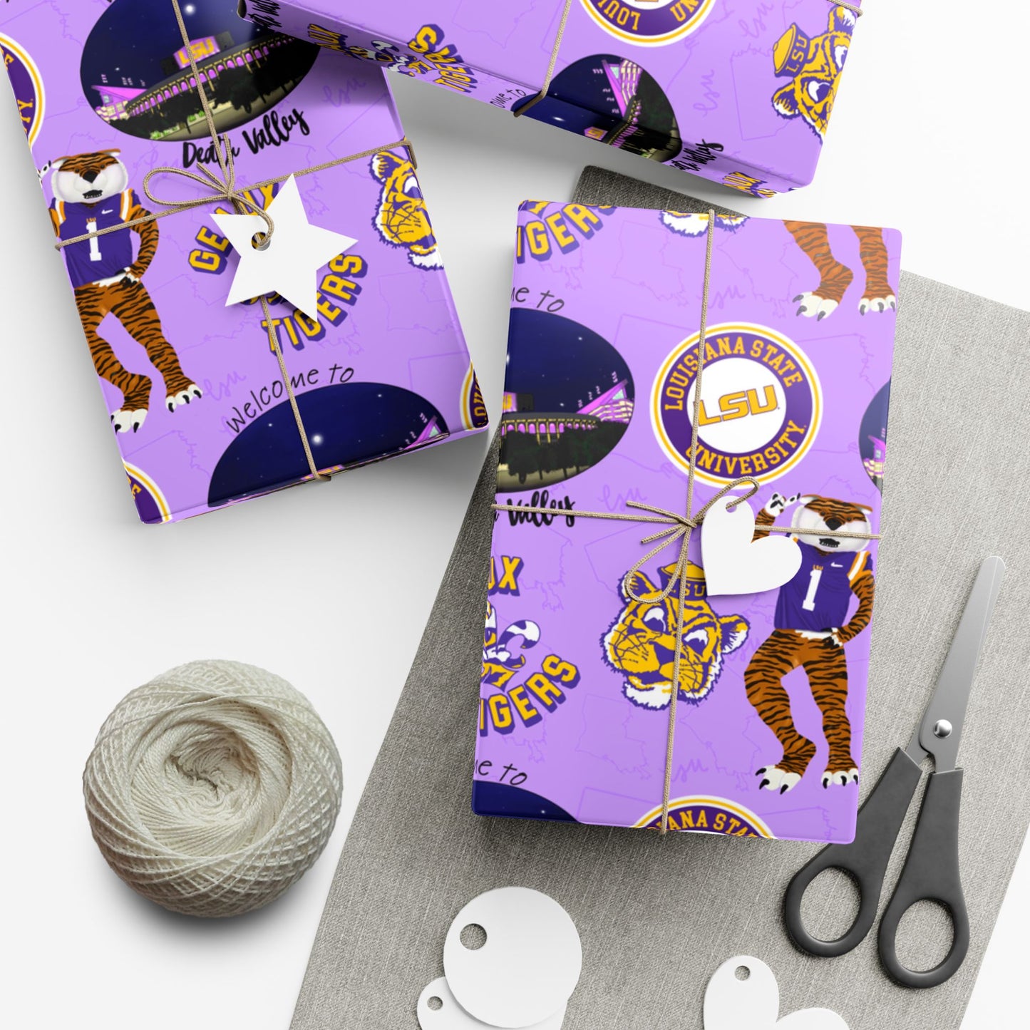LSU Tigers Patterned Gift Wrap Paper — Purple College Mascot Wrapping Sheets