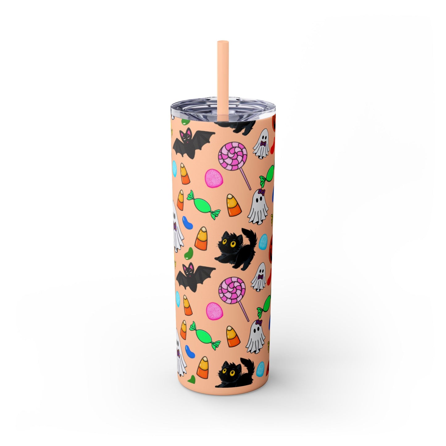Cute Halloween Skinny Tumbler, 20oz Cat and Ghost Design, Spooky Drinkware, Trick-or-Treat Cup, Party Accessory, Fall Decor