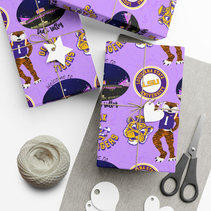 LSU Tigers Patterned Gift Wrap Paper — Purple College Mascot Wrapping Sheets