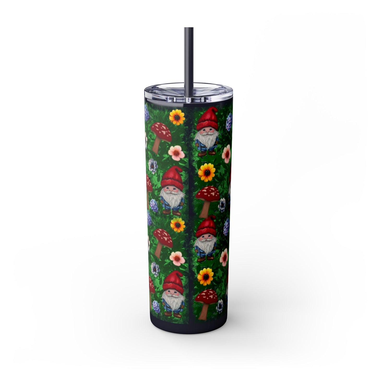 Whimsical Gnome Skinny Tumbler with Straw, Perfect for Garden Lovers, Cute Gift for Birthdays, Summer Drinks, Floral Design