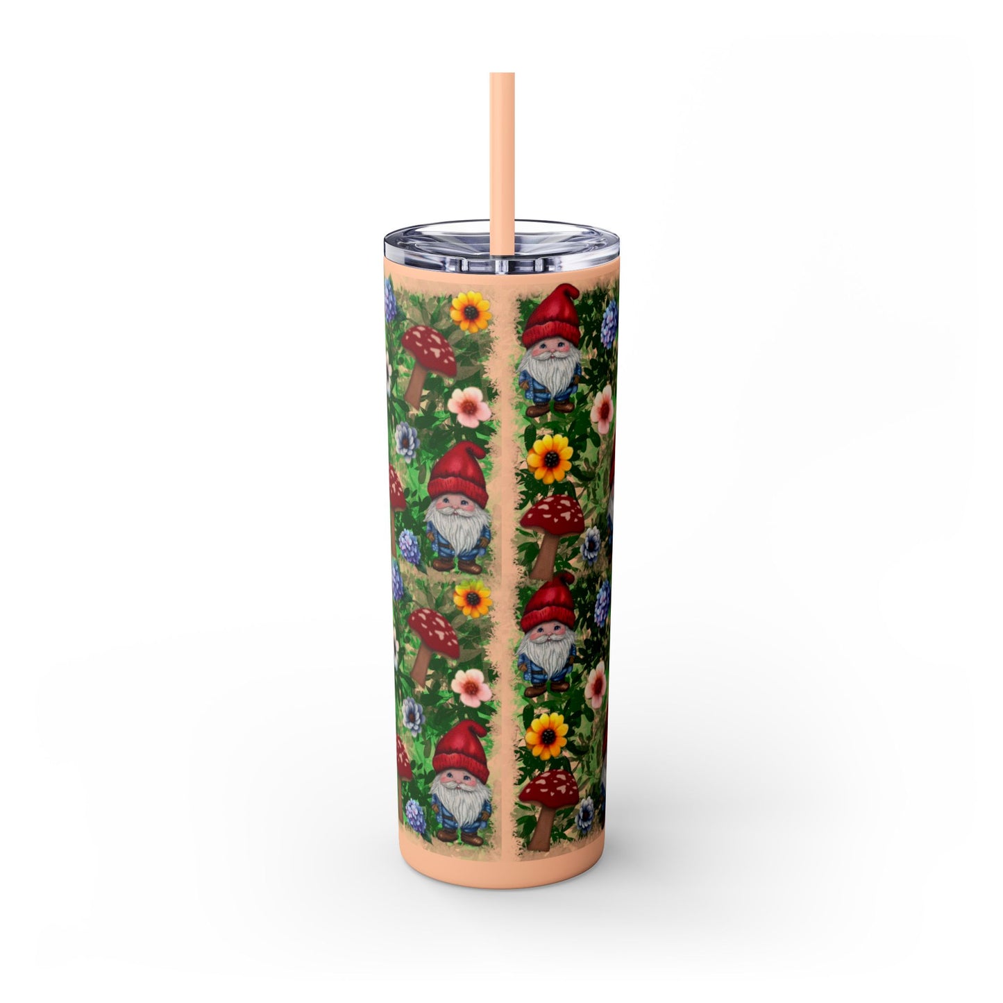 Whimsical Gnome Skinny Tumbler with Straw, Perfect for Garden Lovers, Cute Gift for Birthdays, Summer Drinks, Floral Design