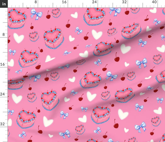 Cakes, Bows and Cherries Repeating Pattern on Fabric by the Yard