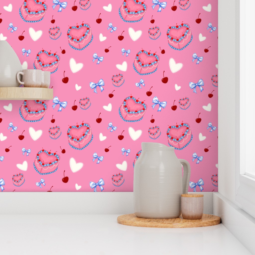 Cakes, Bows and Cherries Repeating Pattern Wallpaper
