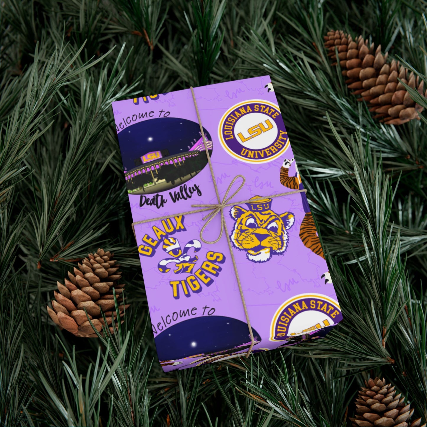 LSU Tigers Patterned Gift Wrap Paper — Purple College Mascot Wrapping Sheets