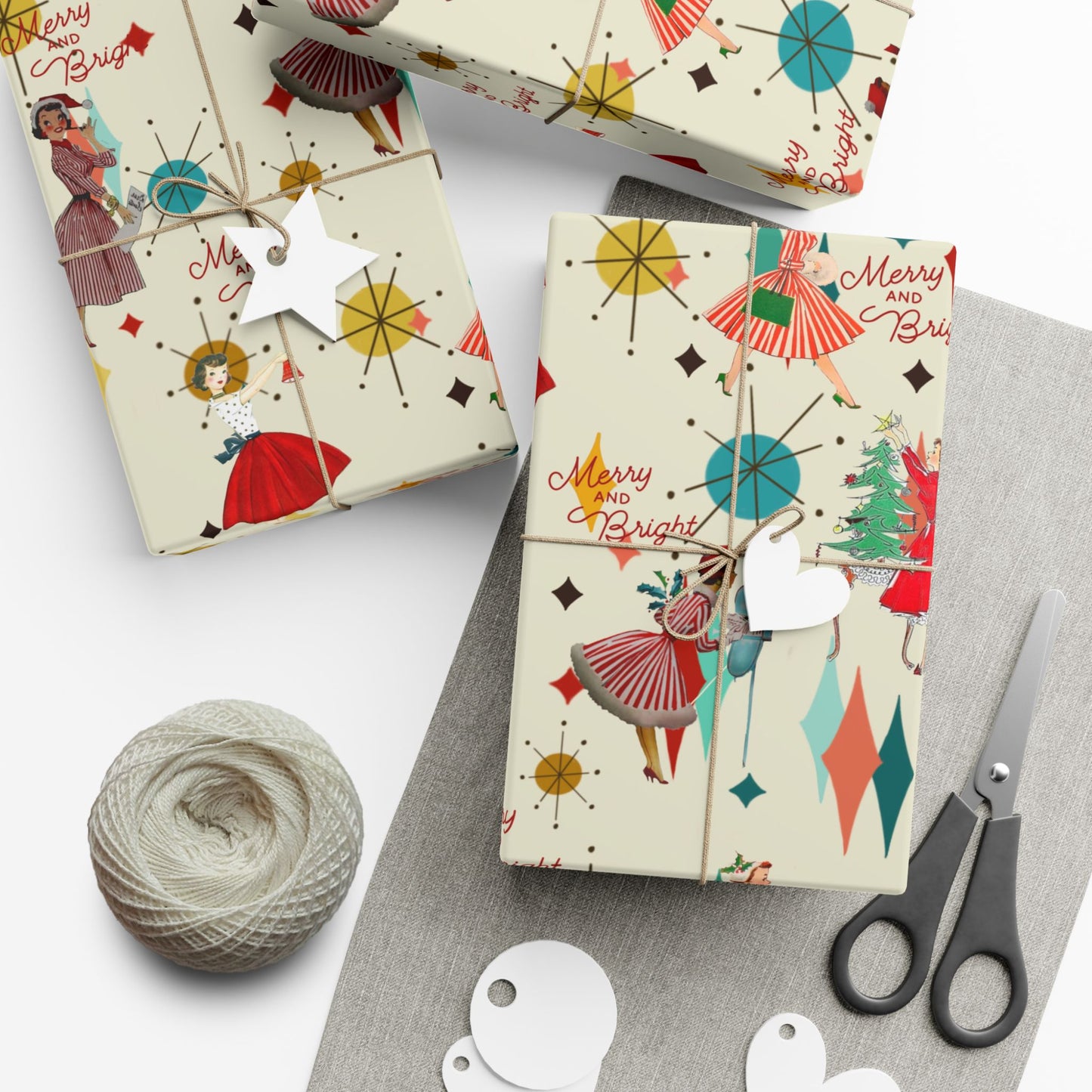 Mid-Century Holiday Gift Wrap Paper – Retro Christmas Dancers & “Merry and Bright” Pattern