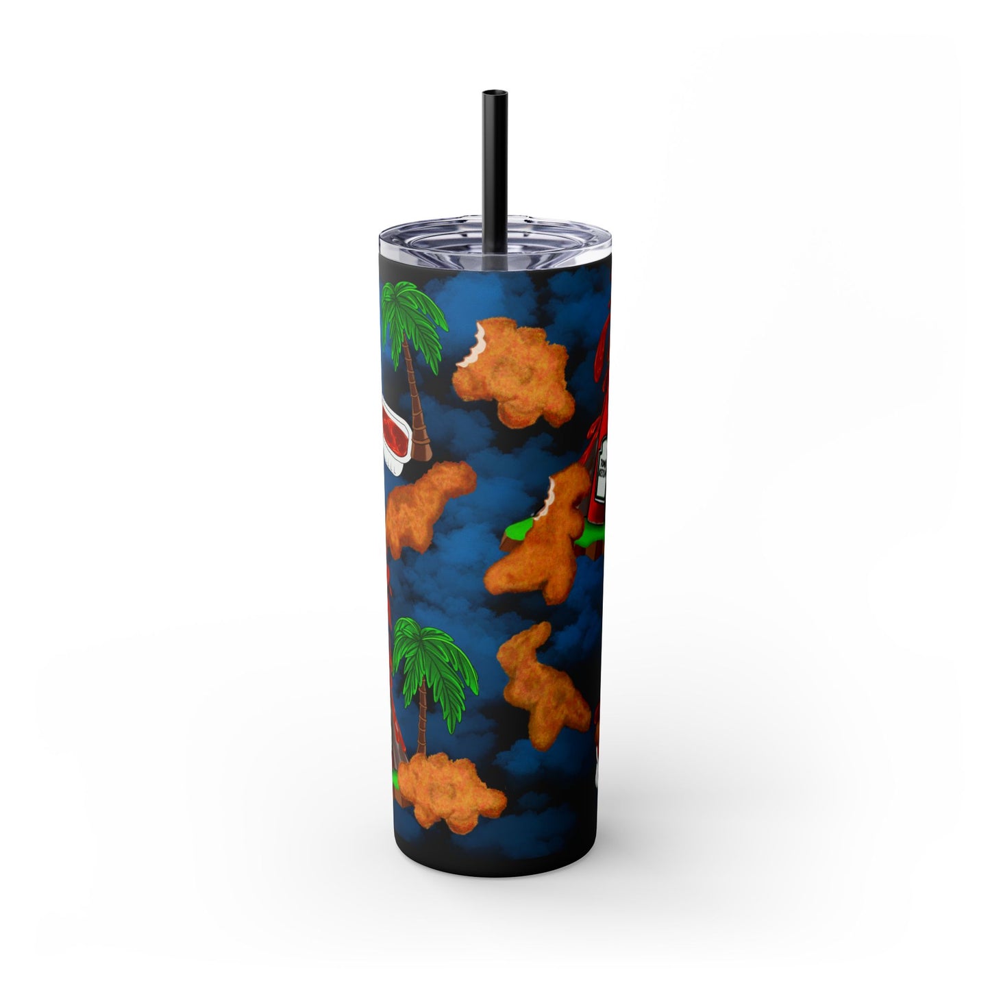 Dino Nuggets Tropical Themed Skinny Tumbler with Straw, 20oz | Fun Vacation Drinkware, Summer, Hawaiian Party, Gift for Beach Lovers