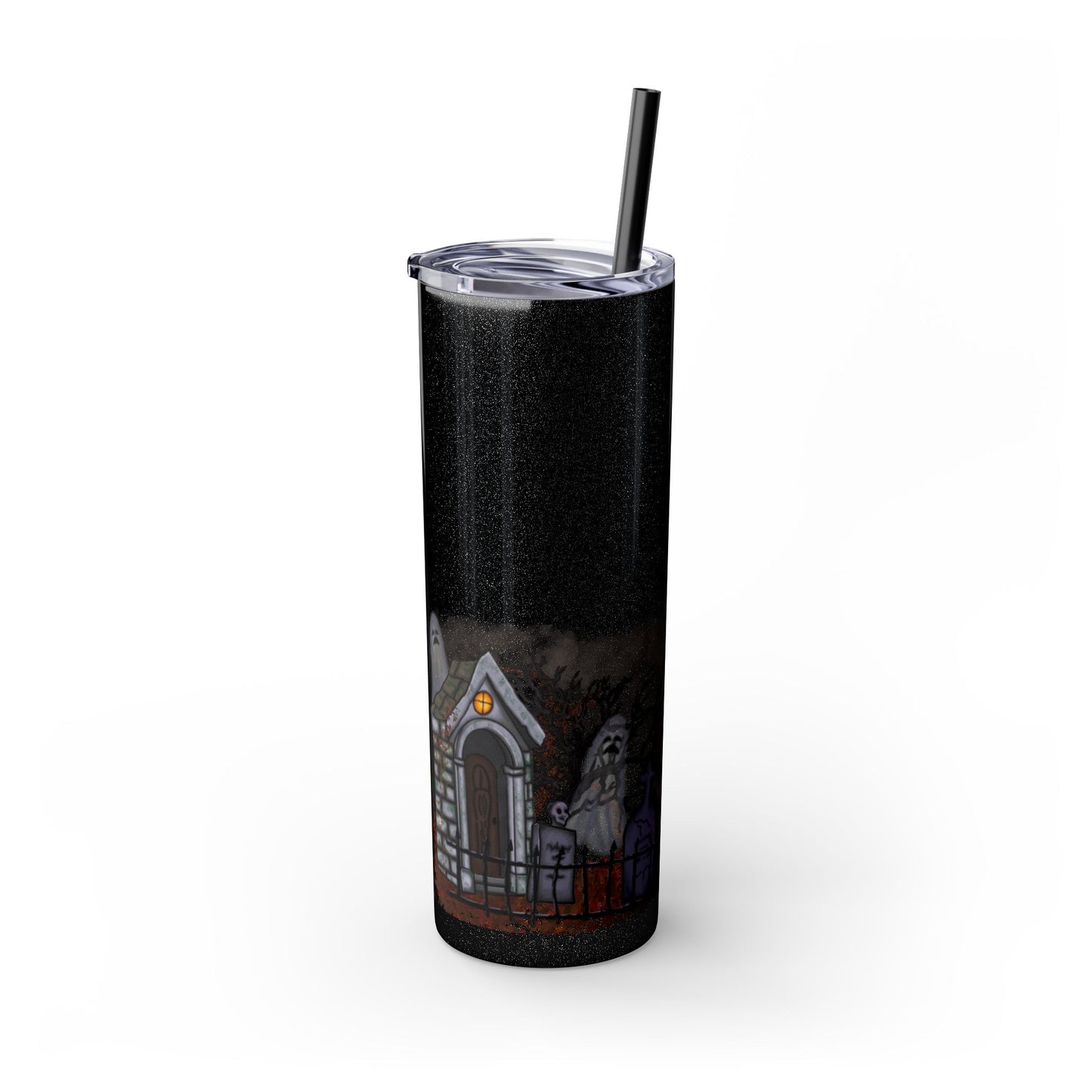 Graveyard Skinny Tumbler with Straw, Haunted House Design for Witchy Gatherings, 20oz Travel Mug, Trick or Treat Accessories, [...]