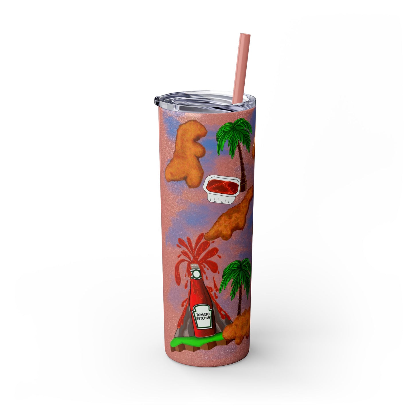 Dino Nuggets Tropical Themed Skinny Tumbler with Straw, 20oz | Fun Vacation Drinkware, Summer, Hawaiian Party, Gift for Beach Lovers