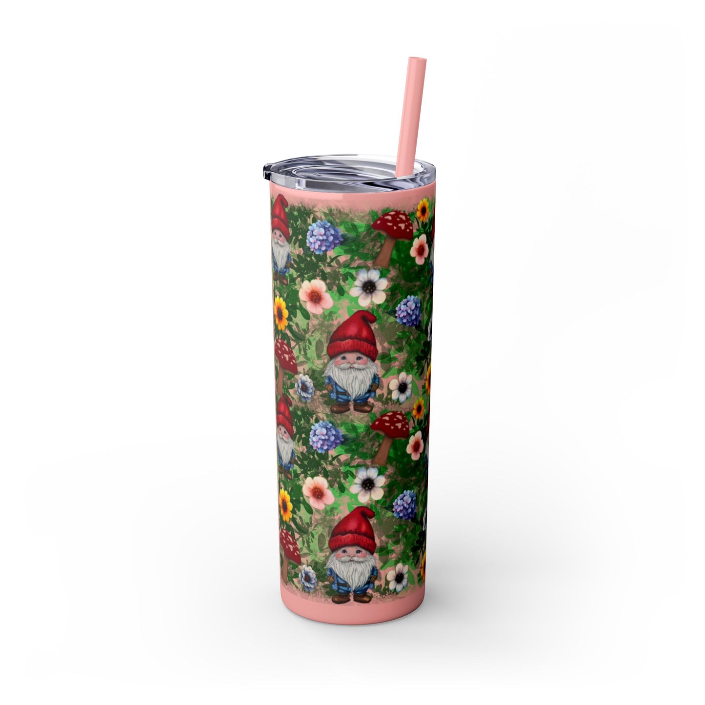 Whimsical Gnome Skinny Tumbler with Straw, Perfect for Garden Lovers, Cute Gift for Birthdays, Summer Drinks, Floral Design