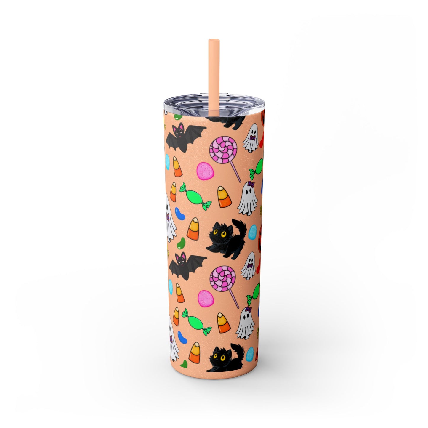 Cute Halloween Skinny Tumbler, 20oz Cat and Ghost Design, Spooky Drinkware, Trick-or-Treat Cup, Party Accessory, Fall Decor