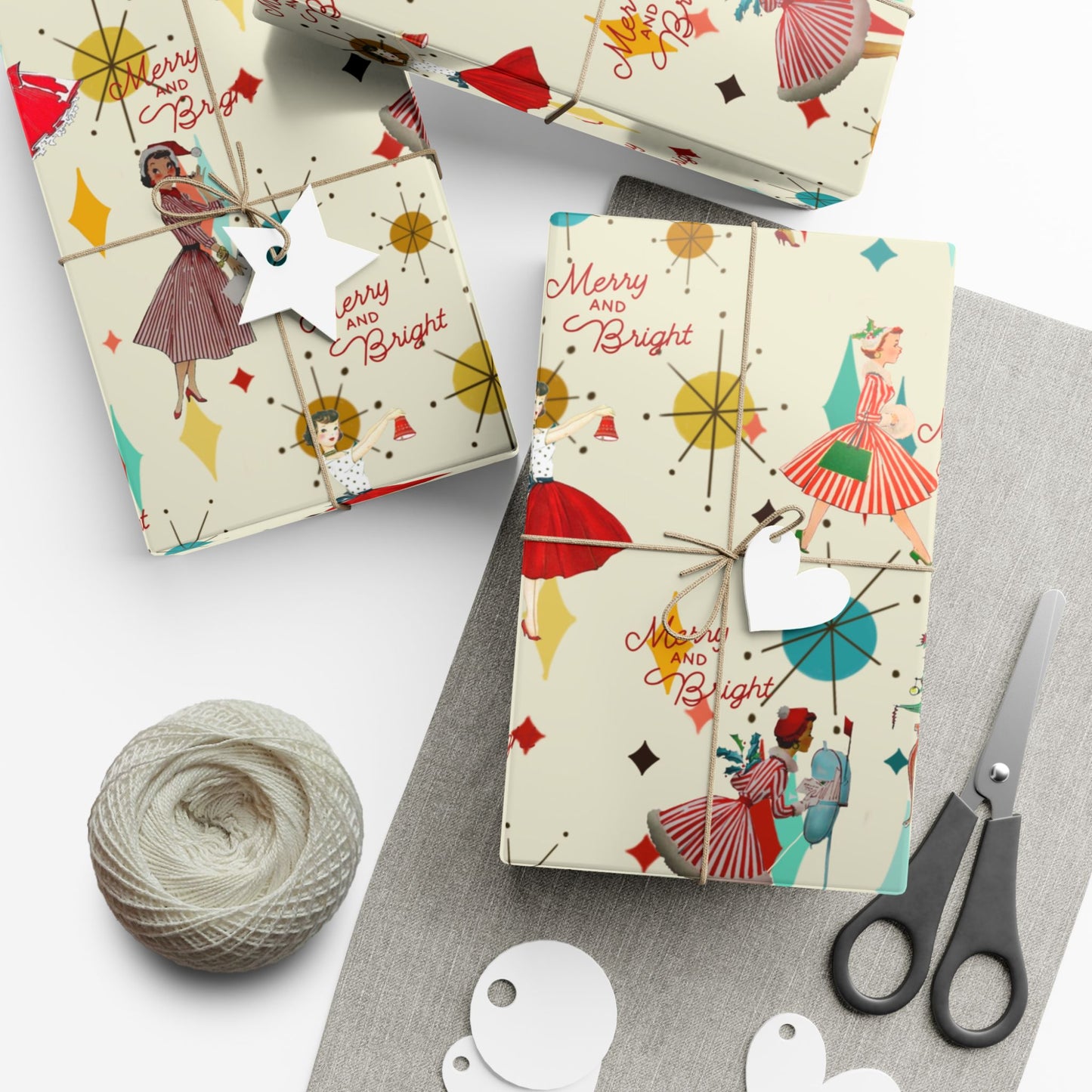 Mid-Century Holiday Gift Wrap Paper – Retro Christmas Dancers & “Merry and Bright” Pattern