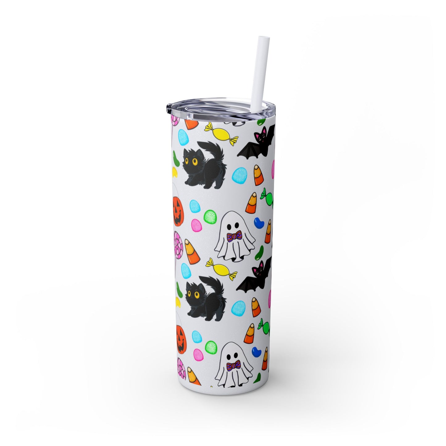 Cute Halloween Skinny Tumbler, 20oz Cat and Ghost Design, Spooky Drinkware, Trick-or-Treat Cup, Party Accessory, Fall Decor