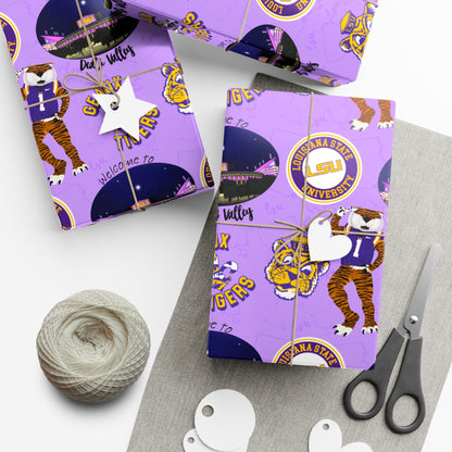 LSU Tigers Patterned Gift Wrap Paper — Purple College Mascot Wrapping Sheets
