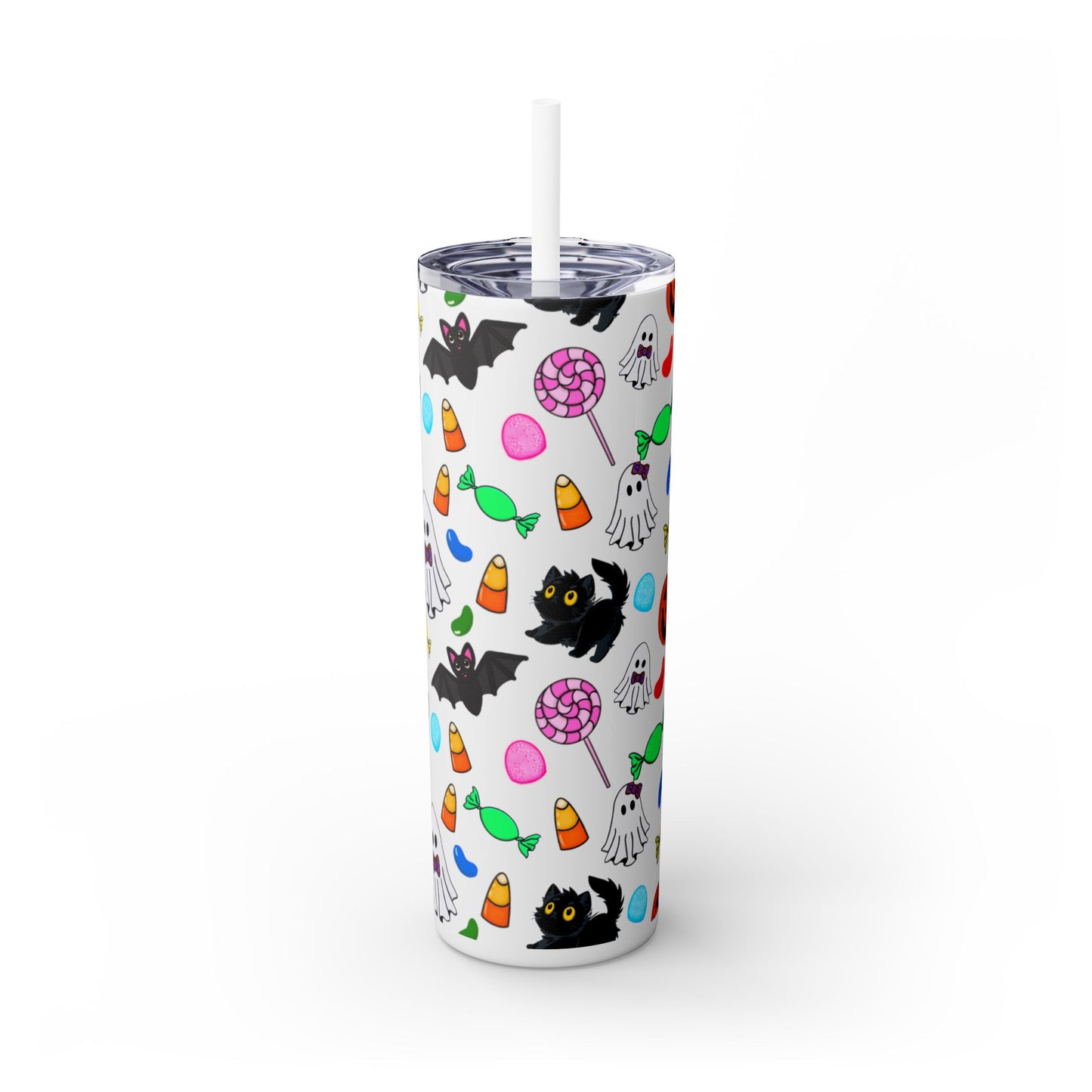Cute Halloween Skinny Tumbler, 20oz Cat and Ghost Design, Spooky Drinkware, Trick-or-Treat Cup, Party Accessory, Fall Decor