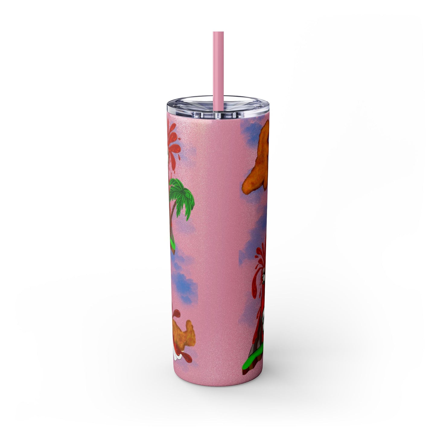 Dino Nuggets Tropical Themed Skinny Tumbler with Straw, 20oz | Fun Vacation Drinkware, Summer, Hawaiian Party, Gift for Beach Lovers