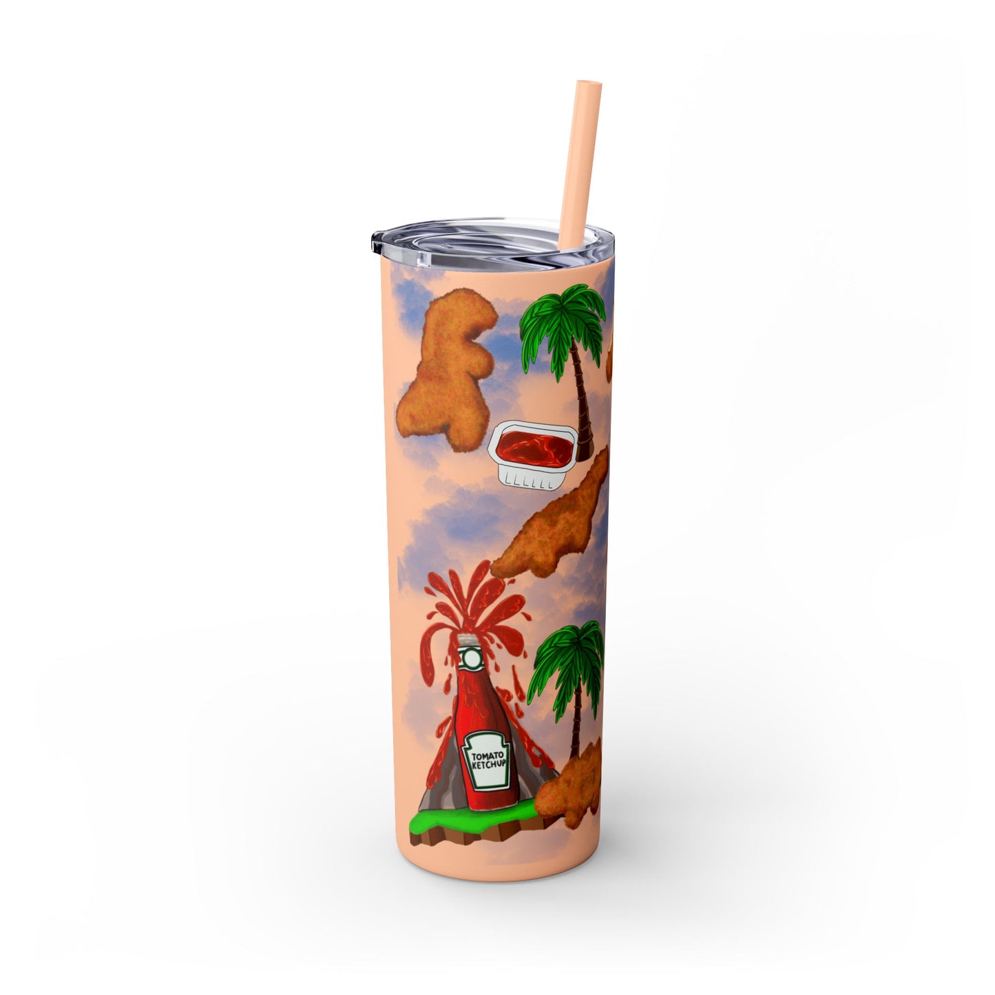 Dino Nuggets Tropical Themed Skinny Tumbler with Straw, 20oz | Fun Vacation Drinkware, Summer, Hawaiian Party, Gift for Beach Lovers