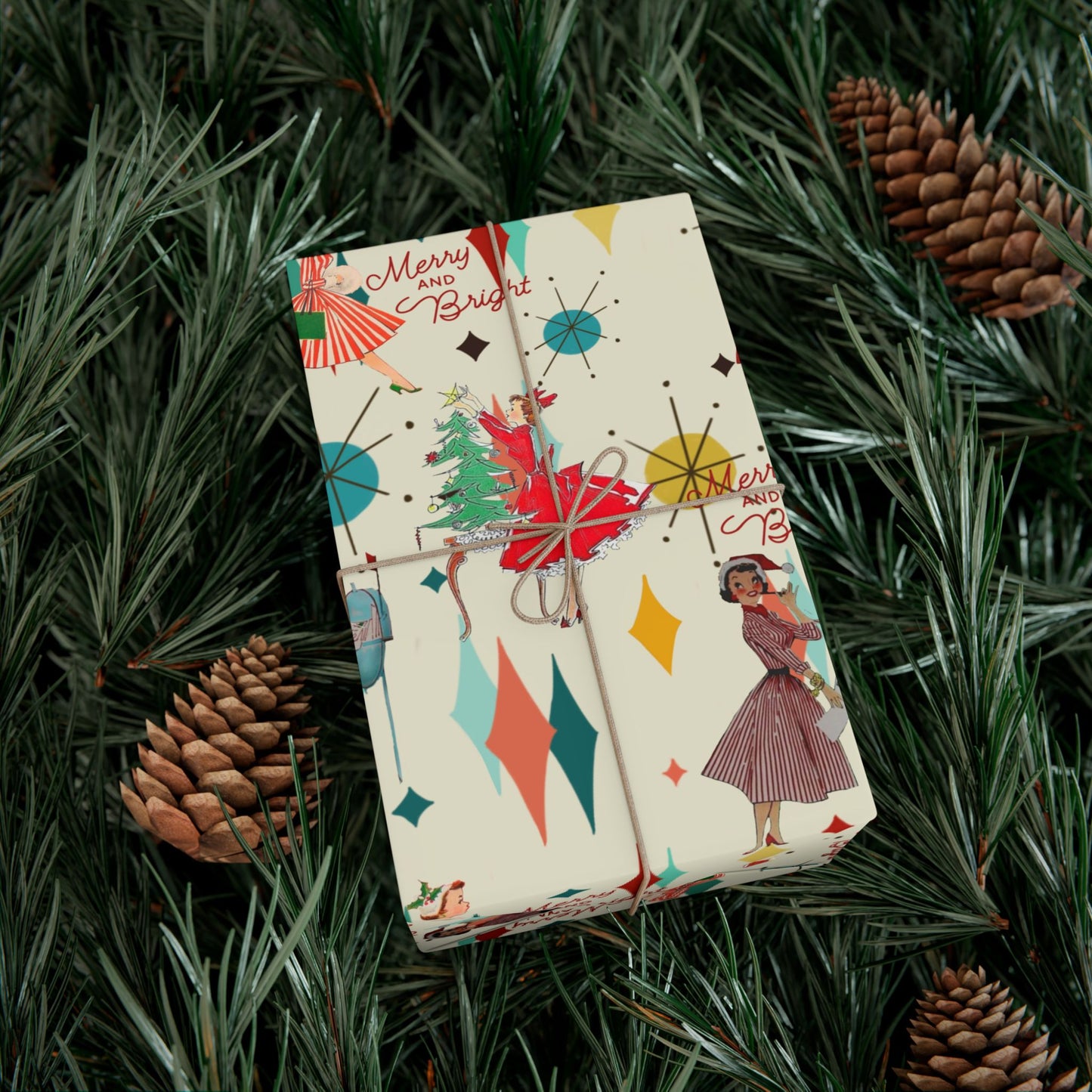Mid-Century Holiday Gift Wrap Paper – Retro Christmas Dancers & “Merry and Bright” Pattern