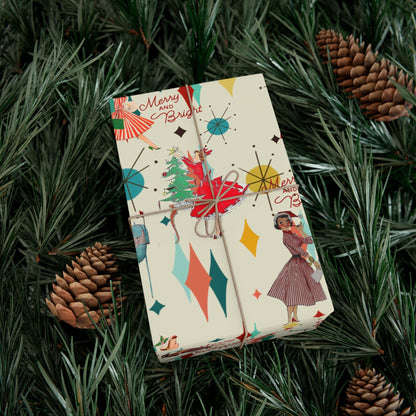 Mid-Century Holiday Gift Wrap Paper – Retro Christmas Dancers & “Merry and Bright” Pattern
