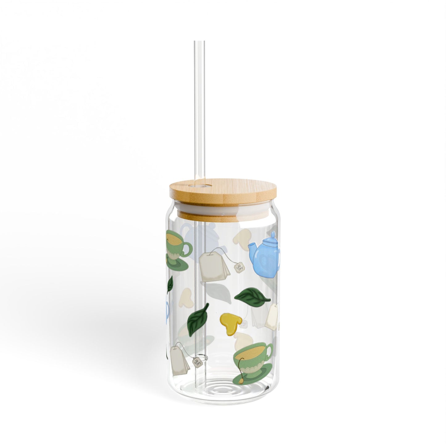 Tea Time 16oz Sipper Glass, Clear Glass Drinkware, Tea Party Essentials, Eco-Friendly Straw Cup, Perfect for Gifts & Home Decor
