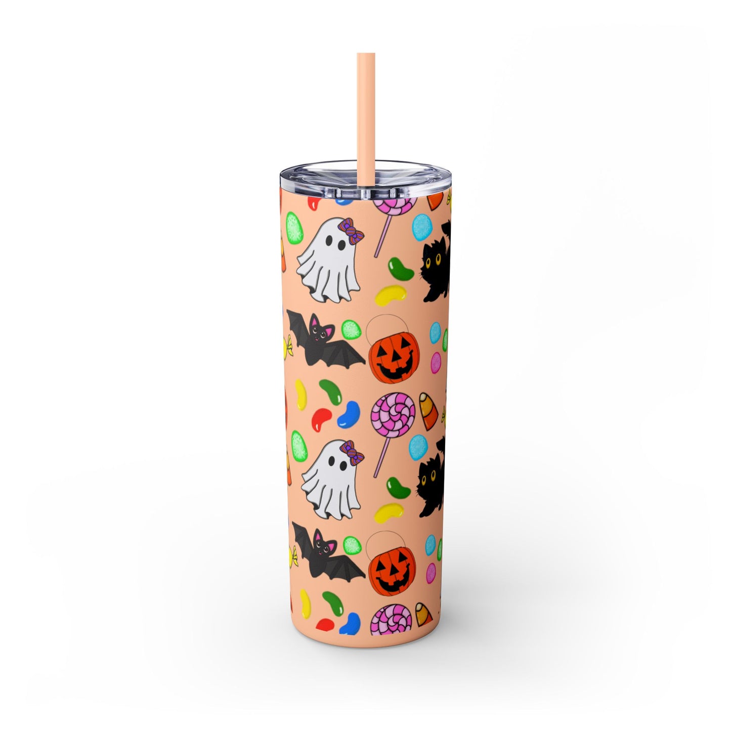 Cute Halloween Skinny Tumbler, 20oz Cat and Ghost Design, Spooky Drinkware, Trick-or-Treat Cup, Party Accessory, Fall Decor
