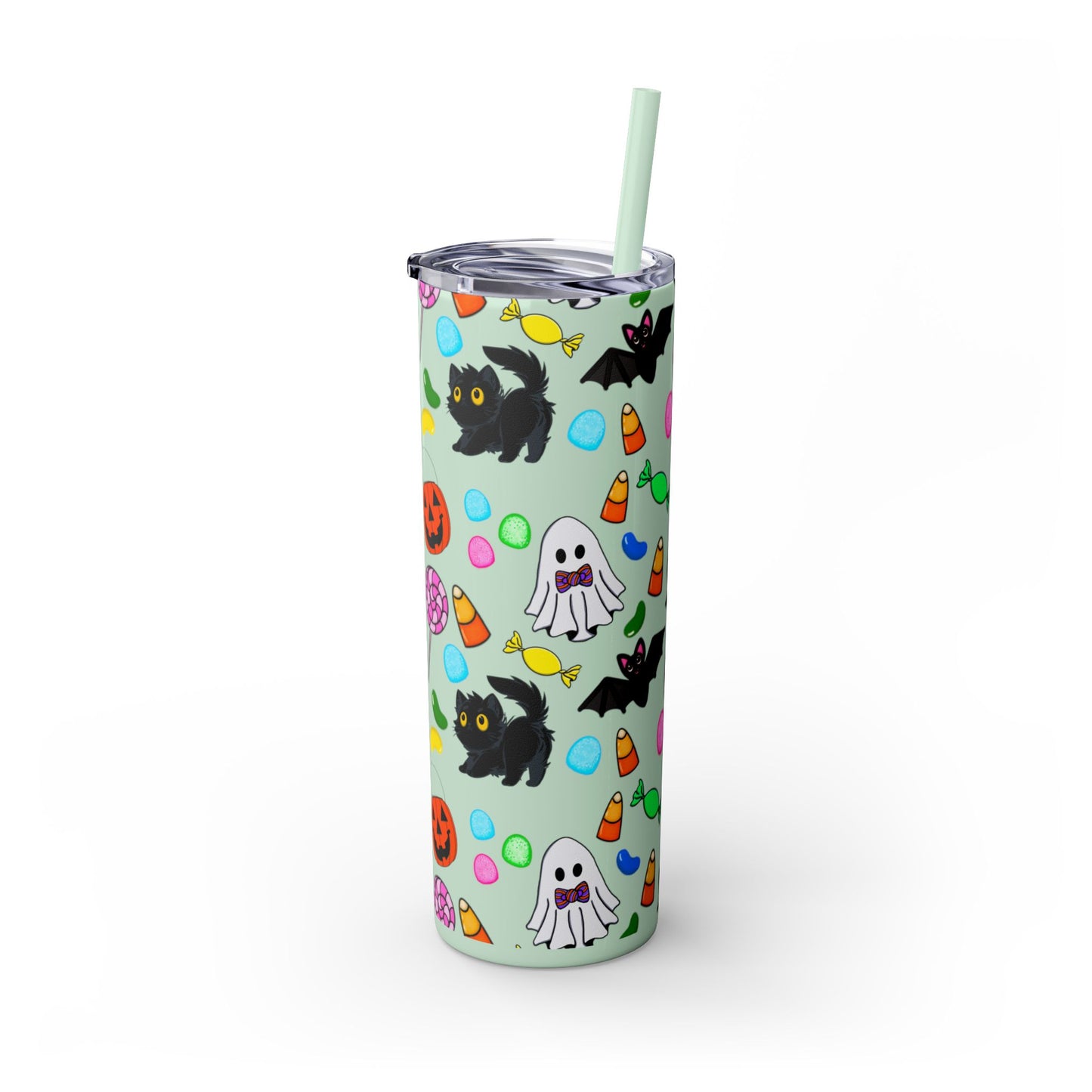 Cute Halloween Skinny Tumbler, 20oz Cat and Ghost Design, Spooky Drinkware, Trick-or-Treat Cup, Party Accessory, Fall Decor