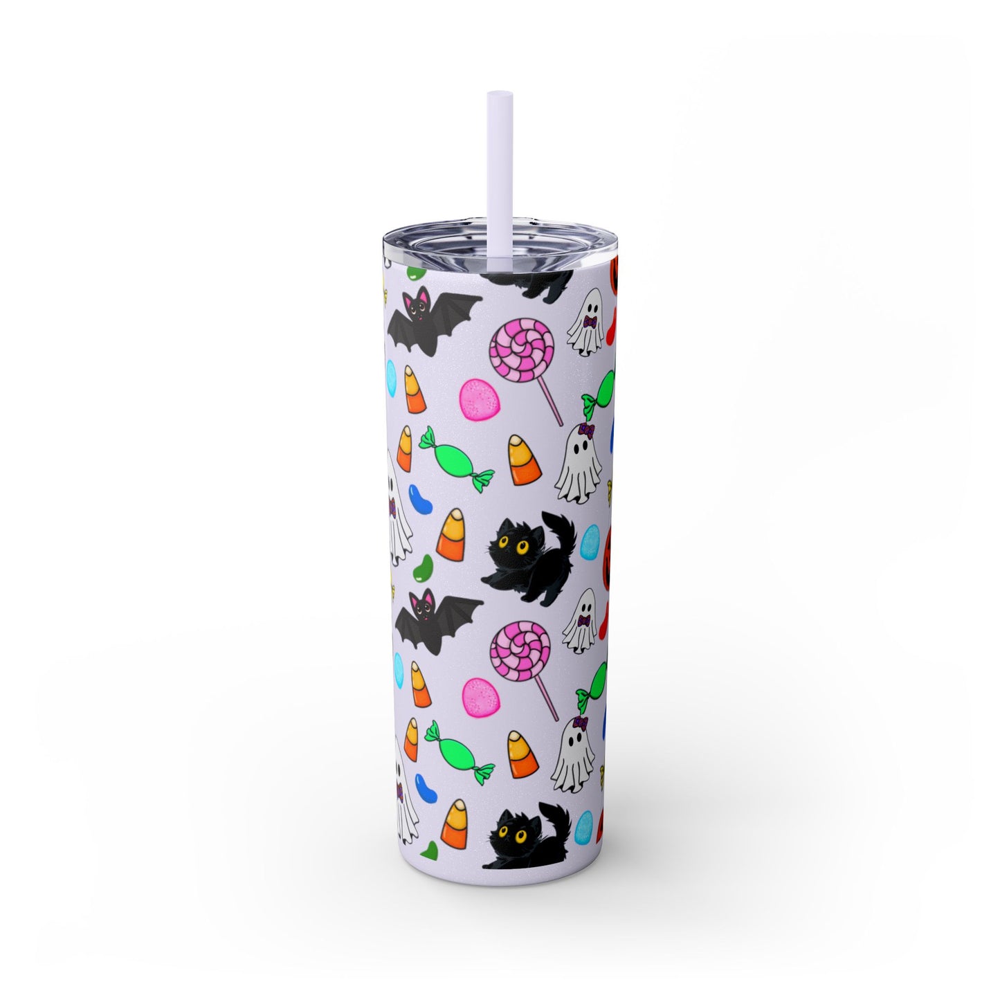 Cute Halloween Skinny Tumbler, 20oz Cat and Ghost Design, Spooky Drinkware, Trick-or-Treat Cup, Party Accessory, Fall Decor
