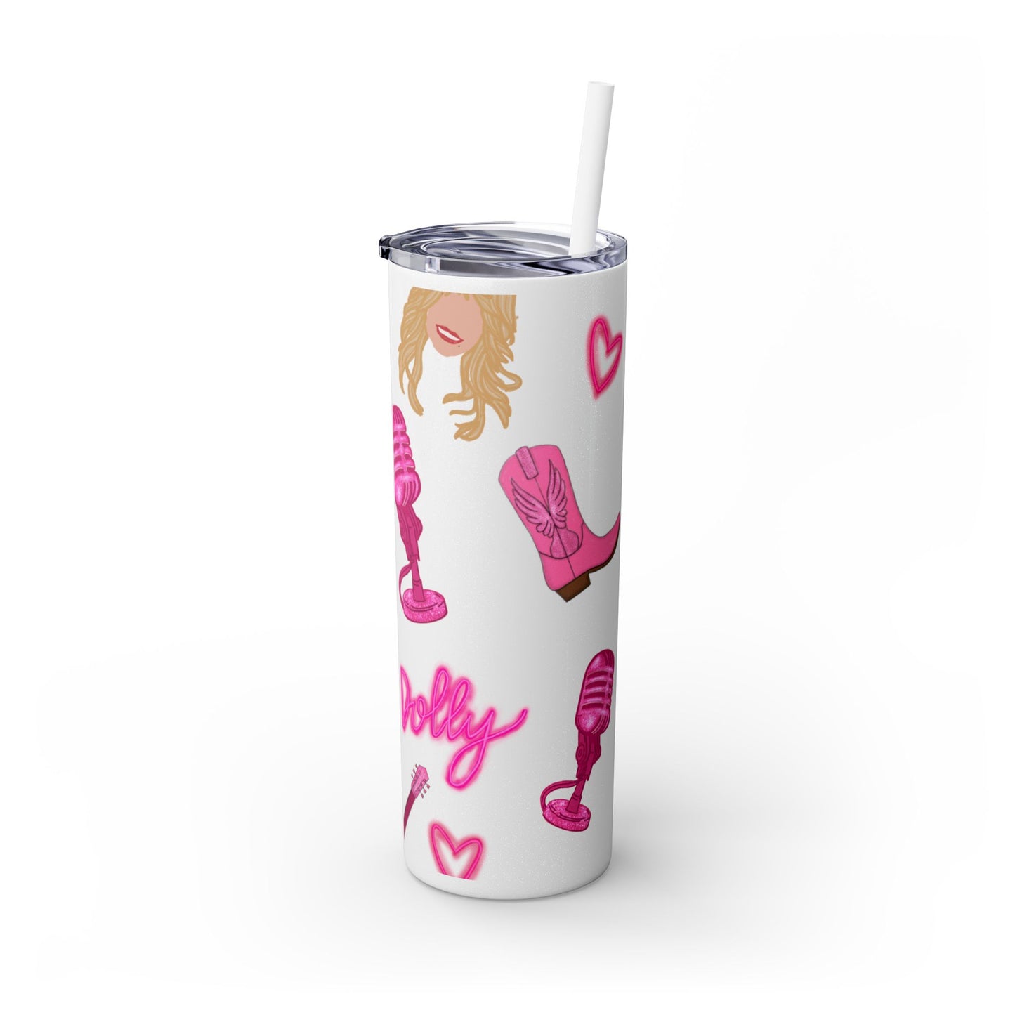 Dolly Parton Tumbler, 20oz Skinny Drinkware with Straw, Perfect for Concerts, Gifts for Music Lovers, Cute Pink Design, Fun Party Favor