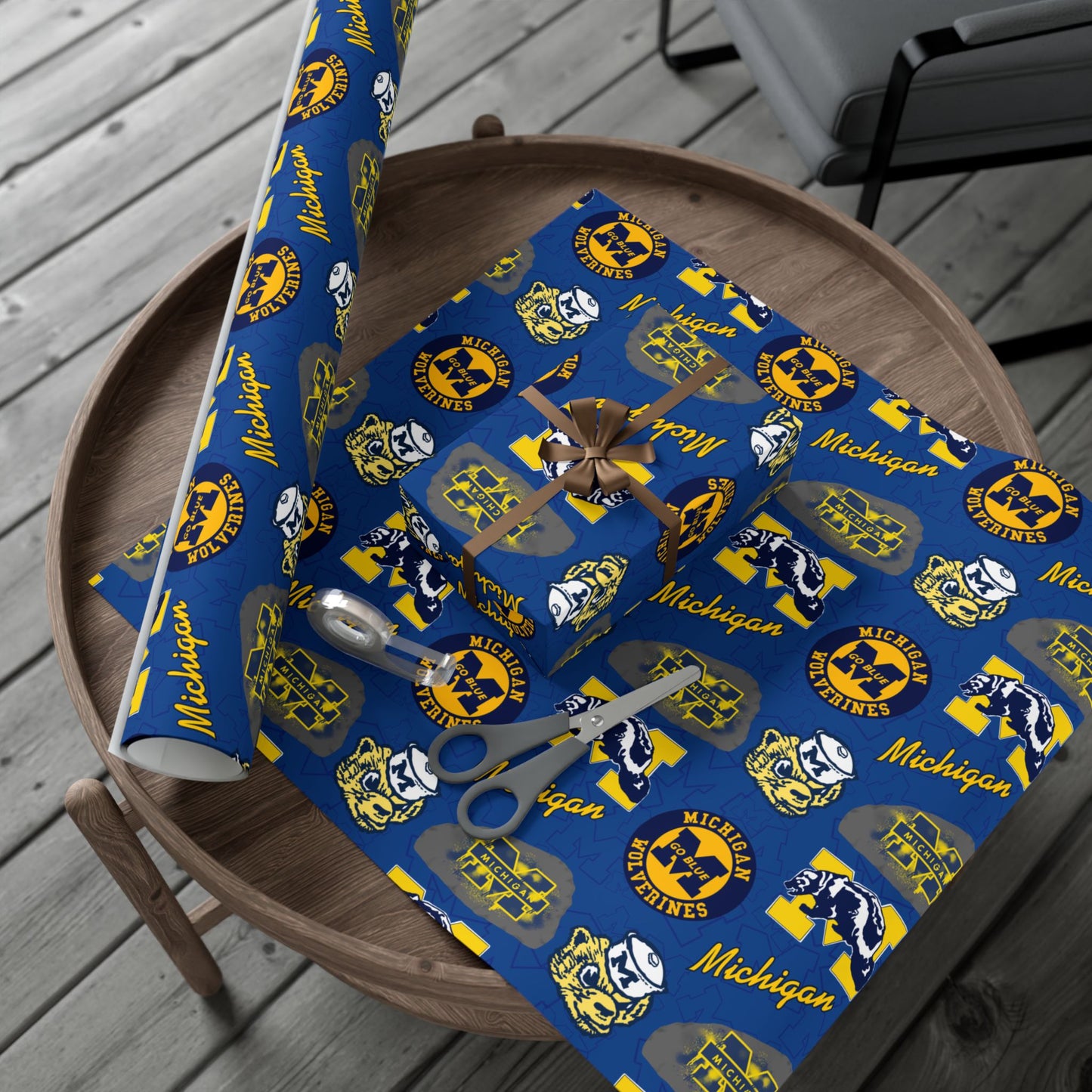 Michigan Wolverines Gift Wrap Paper – Blue & Maize Collegiate Pattern (Text: "Michigan")