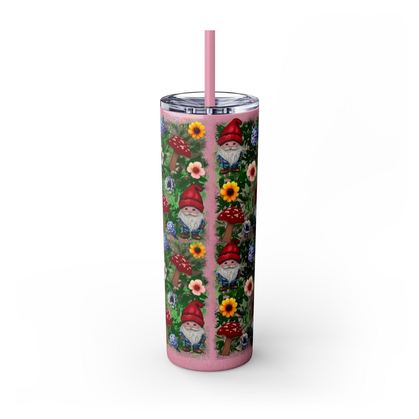 Whimsical Gnome Skinny Tumbler with Straw, Perfect for Garden Lovers, Cute Gift for Birthdays, Summer Drinks, Floral Design