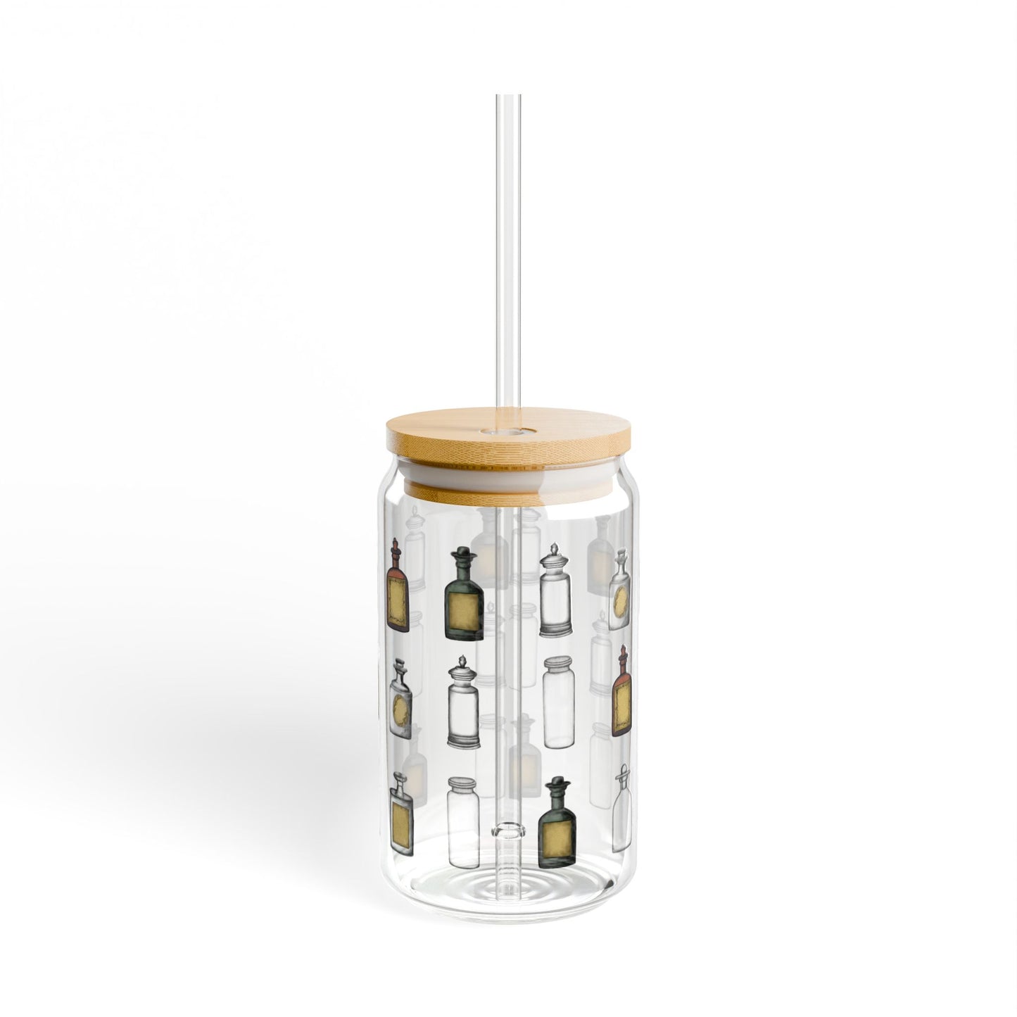 Apothecary Bottles Sipper Glass, 16oz in Vintage Bottle Design, Eco-Friendly Drinkware, Ideal for Parties, Gifts, and Everyday Use