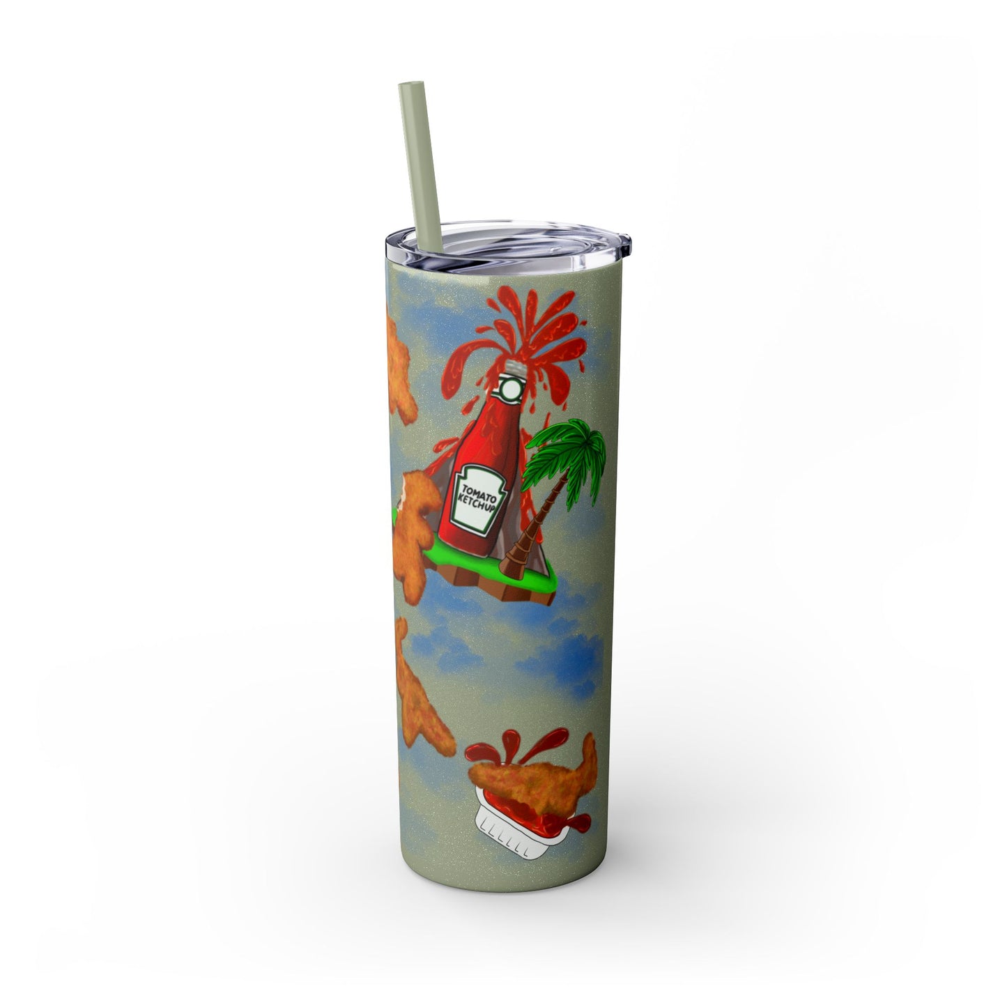Dino Nuggets Tropical Themed Skinny Tumbler with Straw, 20oz | Fun Vacation Drinkware, Summer, Hawaiian Party, Gift for Beach Lovers