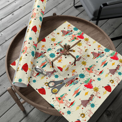 Mid-Century Holiday Gift Wrap Paper – Retro Christmas Dancers & “Merry and Bright” Pattern