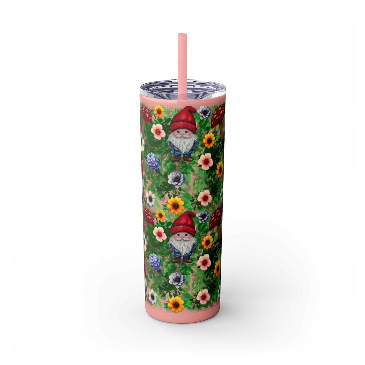 Whimsical Gnome Skinny Tumbler with Straw, Perfect for Garden Lovers, Cute Gift for Birthdays, Summer Drinks, Floral Design