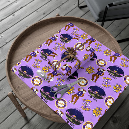 LSU Tigers Patterned Gift Wrap Paper — Purple College Mascot Wrapping Sheets