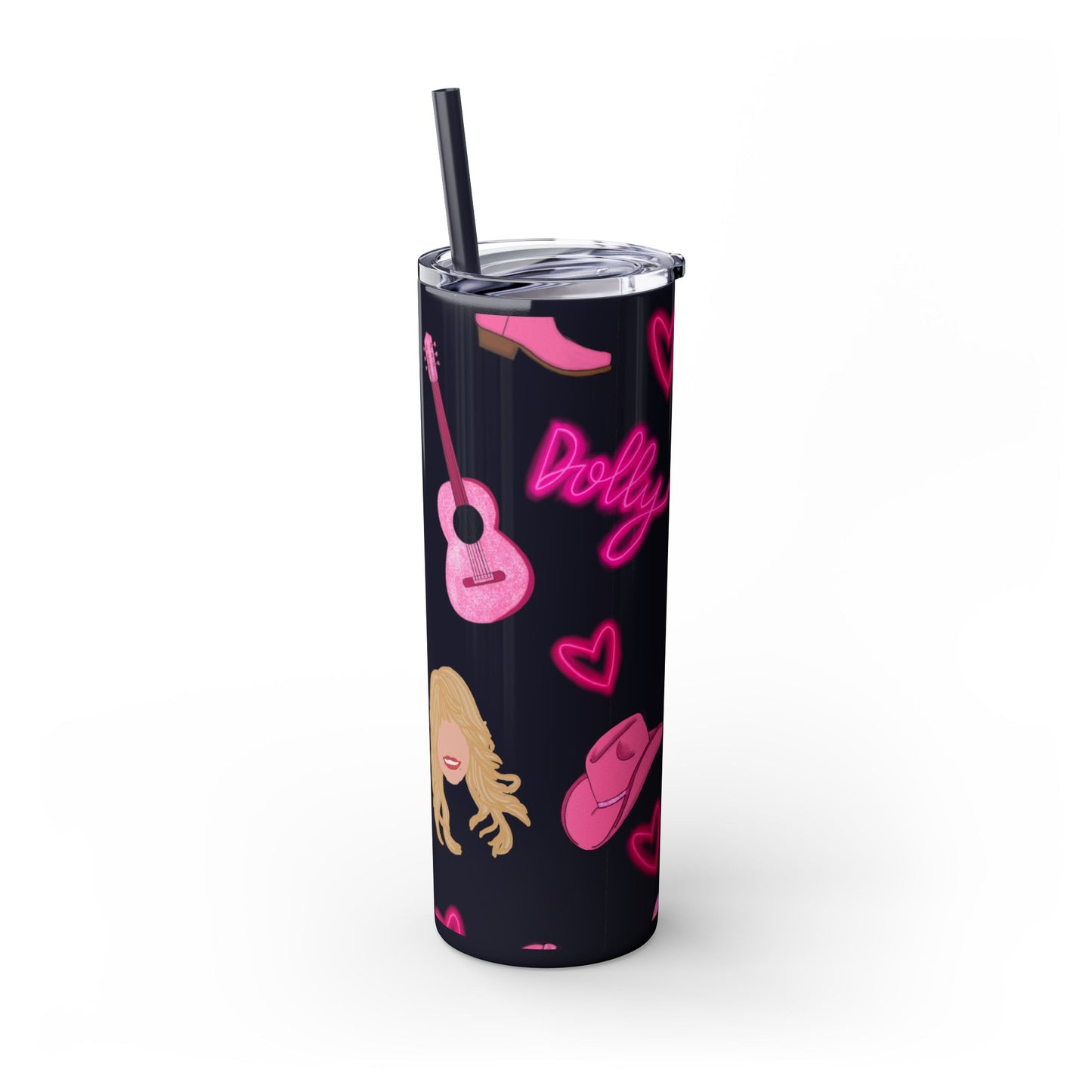 Dolly Parton Tumbler, 20oz Skinny Drinkware with Straw, Perfect for Concerts, Gifts for Music Lovers, Cute Pink Design, Fun Party Favor
