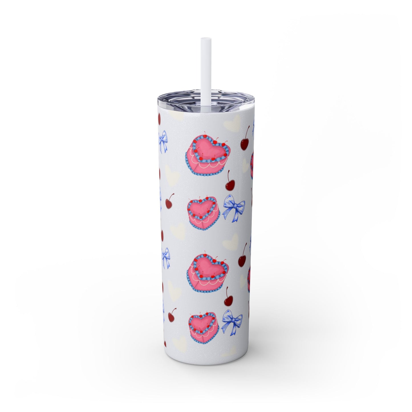 Heart Cake Skinny Tumbler, 20oz | Cute Hearts & Bows Drinkware | Gift for Her, Love Mug, Floral Tumbler, Sweetheart Tumbler