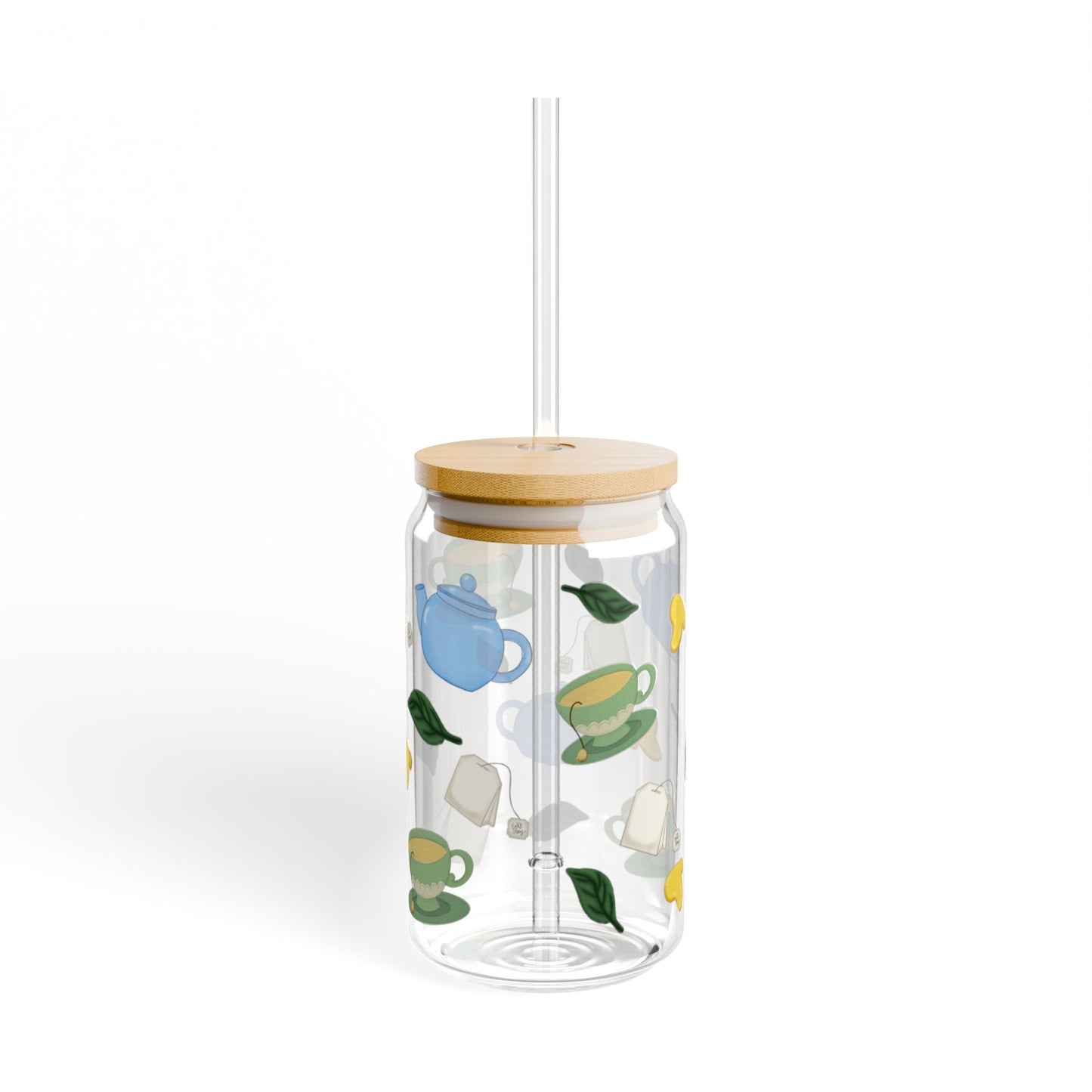 Tea Time 16oz Sipper Glass, Clear Glass Drinkware, Tea Party Essentials, Eco-Friendly Straw Cup, Perfect for Gifts & Home Decor