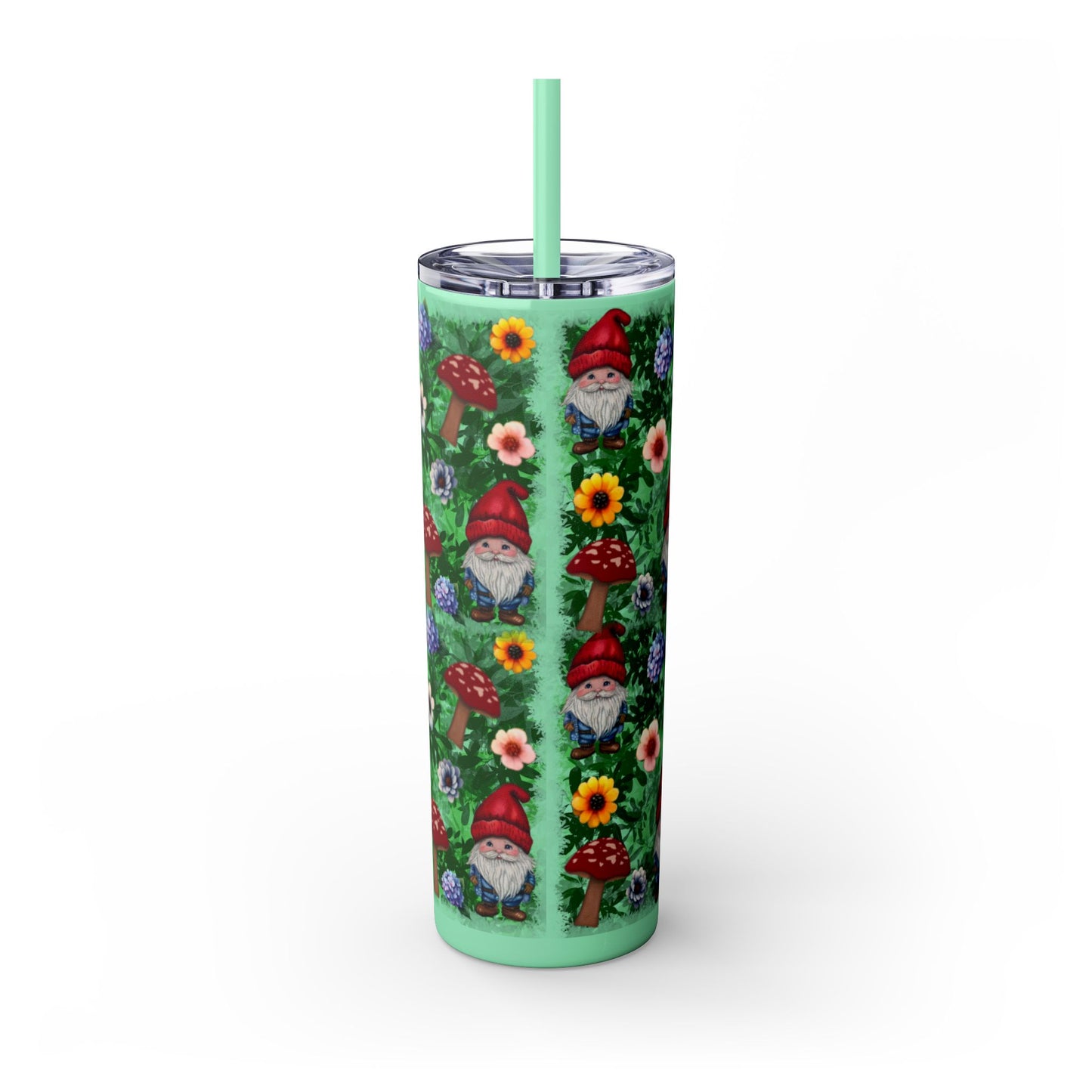 Whimsical Gnome Skinny Tumbler with Straw, Perfect for Garden Lovers, Cute Gift for Birthdays, Summer Drinks, Floral Design