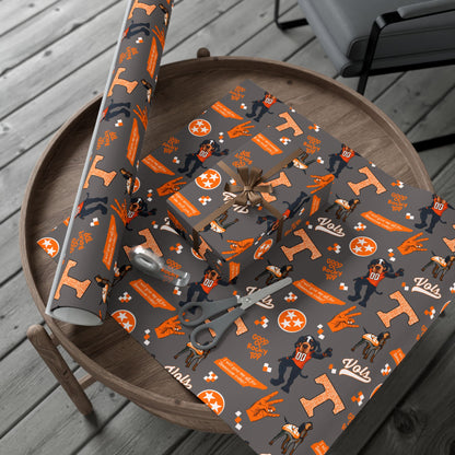 Tennessee Vols Gift Wrap Paper – Orange & Gray College Sports Wrapping Paper with Mascot, T & 'Vols' Logos