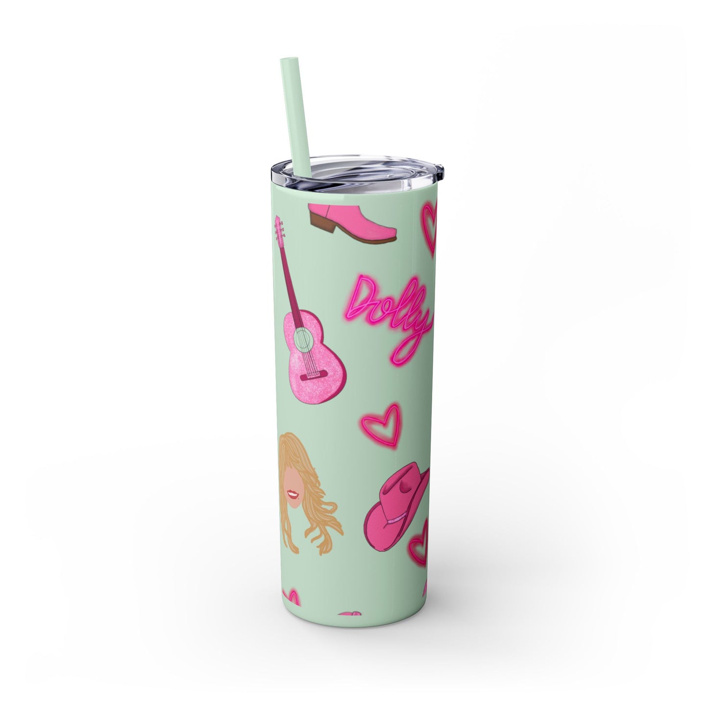 Dolly Parton Tumbler, 20oz Skinny Drinkware with Straw, Perfect for Concerts, Gifts for Music Lovers, Cute Pink Design, Fun Party Favor