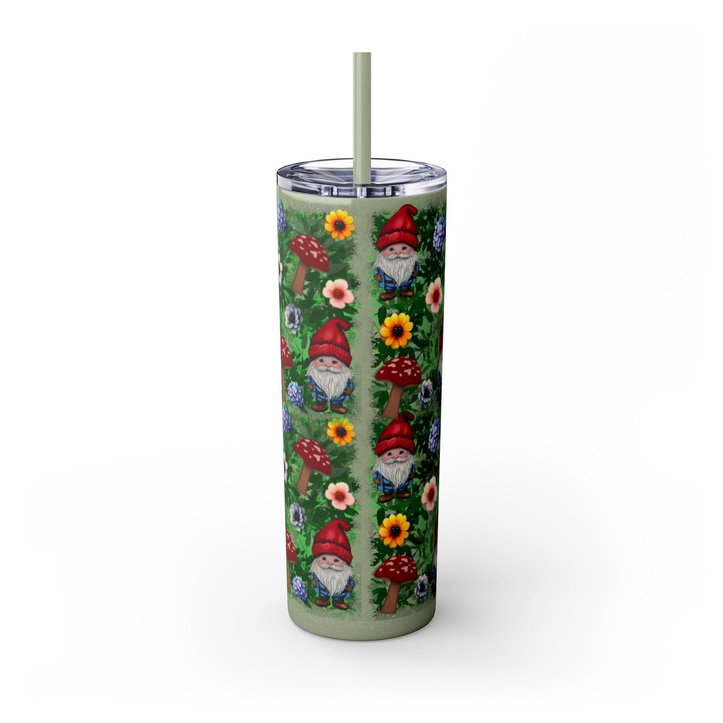 Whimsical Gnome Skinny Tumbler with Straw, Perfect for Garden Lovers, Cute Gift for Birthdays, Summer Drinks, Floral Design