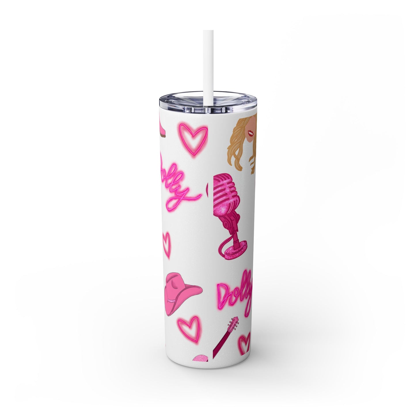 Dolly Parton Tumbler, 20oz Skinny Drinkware with Straw, Perfect for Concerts, Gifts for Music Lovers, Cute Pink Design, Fun Party Favor