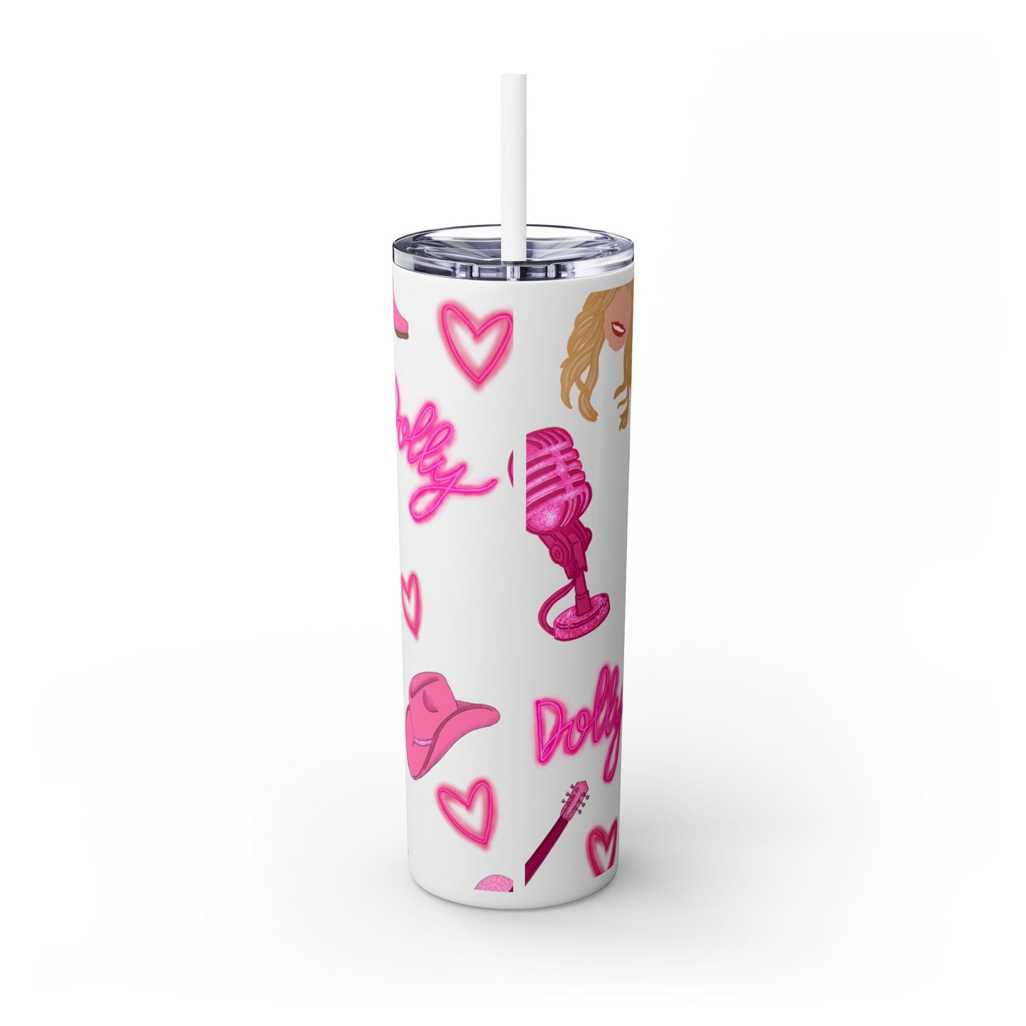 Dolly Parton Tumbler, 20oz Skinny Drinkware with Straw, Perfect for Concerts, Gifts for Music Lovers, Cute Pink Design, Fun Party Favor