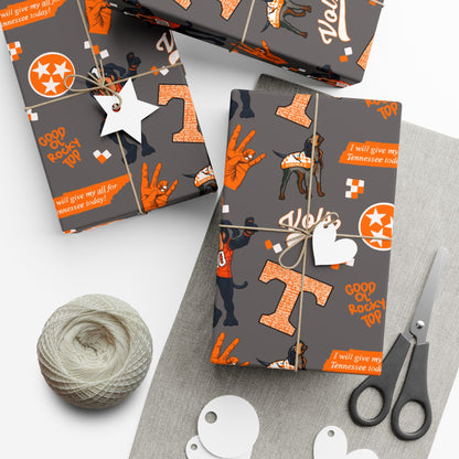 Tennessee Vols Gift Wrap Paper – Orange & Gray College Sports Wrapping Paper with Mascot, T & 'Vols' Logos