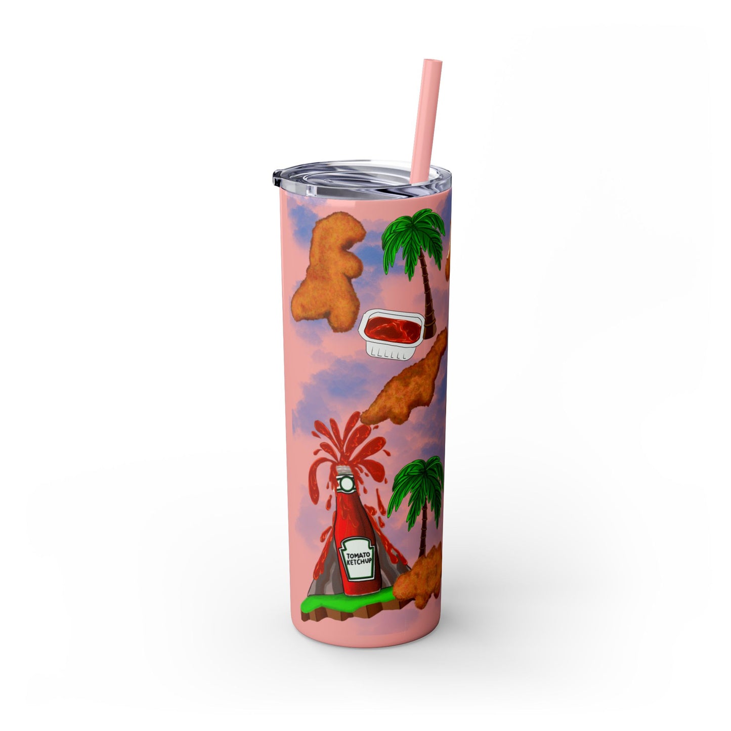 Dino Nuggets Tropical Themed Skinny Tumbler with Straw, 20oz | Fun Vacation Drinkware, Summer, Hawaiian Party, Gift for Beach Lovers