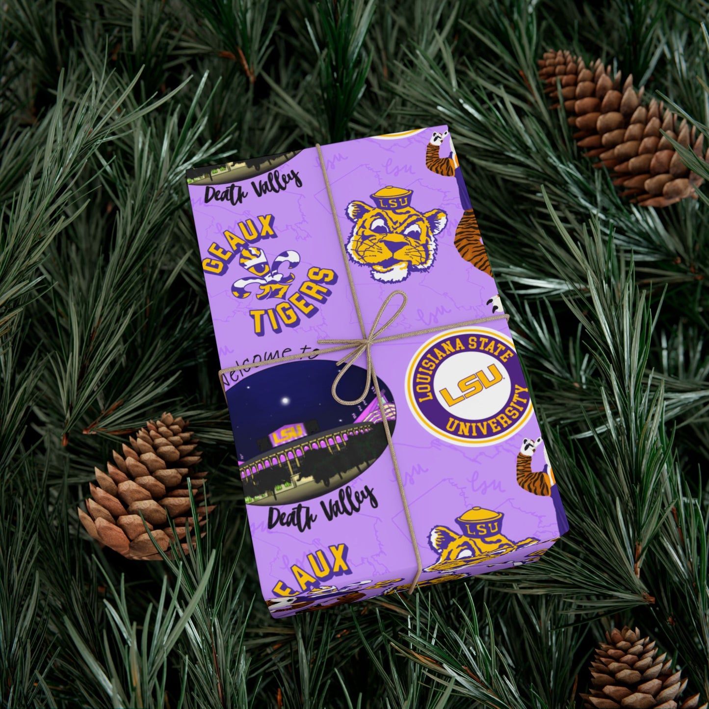 LSU Tigers Patterned Gift Wrap Paper — Purple College Mascot Wrapping Sheets