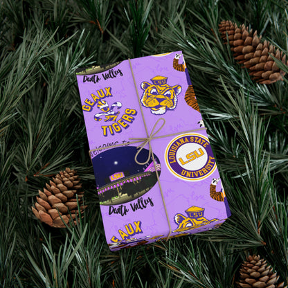 LSU Tigers Patterned Gift Wrap Paper — Purple College Mascot Wrapping Sheets