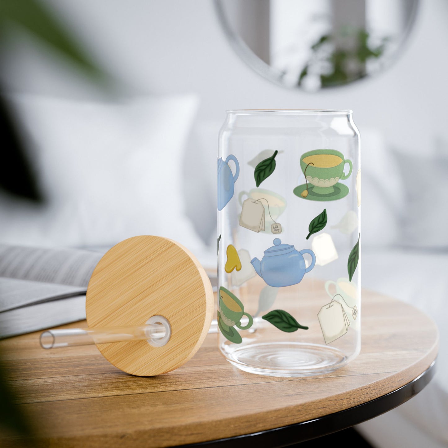 Tea Time 16oz Sipper Glass, Clear Glass Drinkware, Tea Party Essentials, Eco-Friendly Straw Cup, Perfect for Gifts & Home Decor