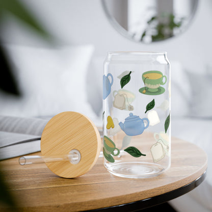 Tea Time 16oz Sipper Glass, Clear Glass Drinkware, Tea Party Essentials, Eco-Friendly Straw Cup, Perfect for Gifts & Home Decor