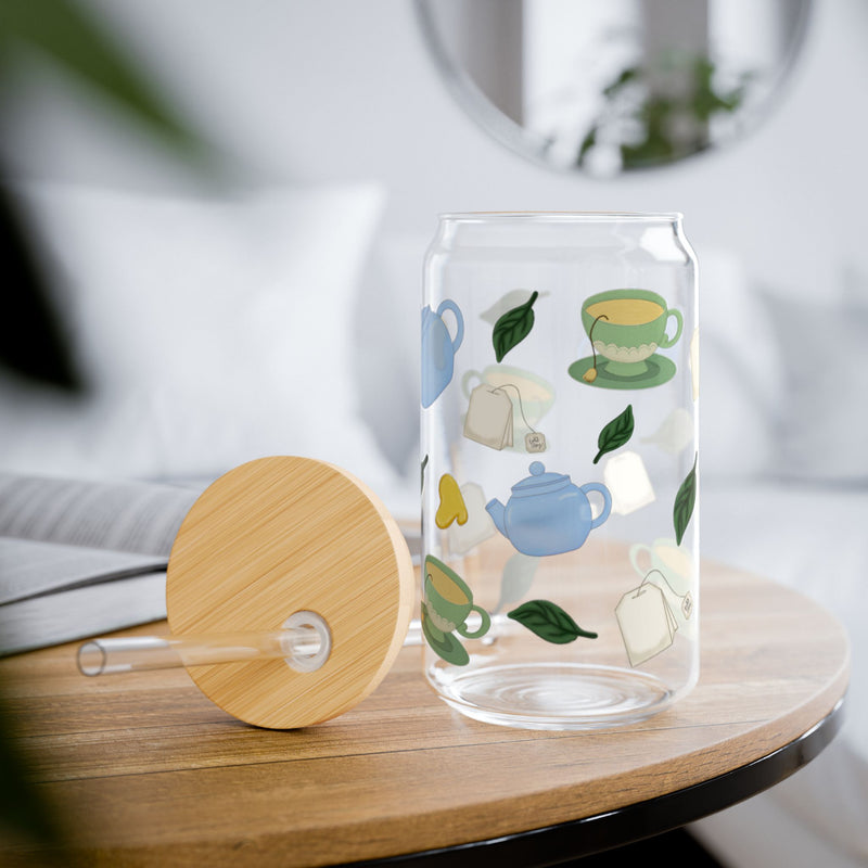 Tea Time 16oz Sipper Glass, Clear Glass Drinkware, Tea Party Essentials, Eco-Friendly Straw Cup, Perfect for Gifts & Home Decor